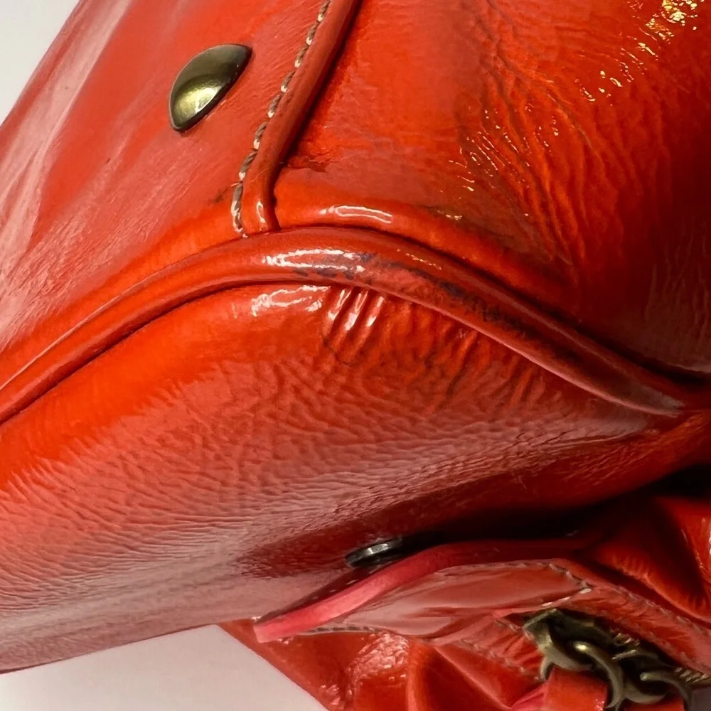 MCM Orange Patent Leather Top Zipper Silver Studded Accent Satchel/Handbag‎ 🧡